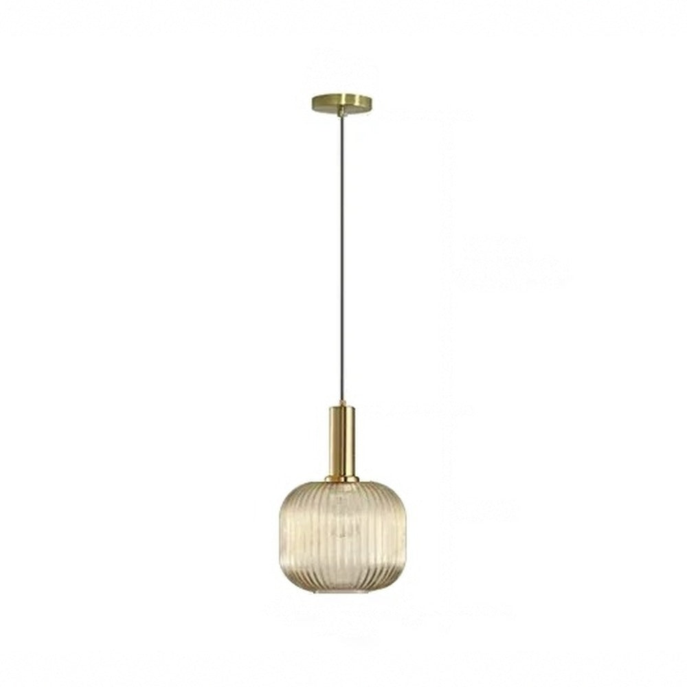 Suspension en verre strié fumé, ambré ou vert, laiton – Dozza, finition verre ambré, boule Ø 20 cm / Sans ampoule