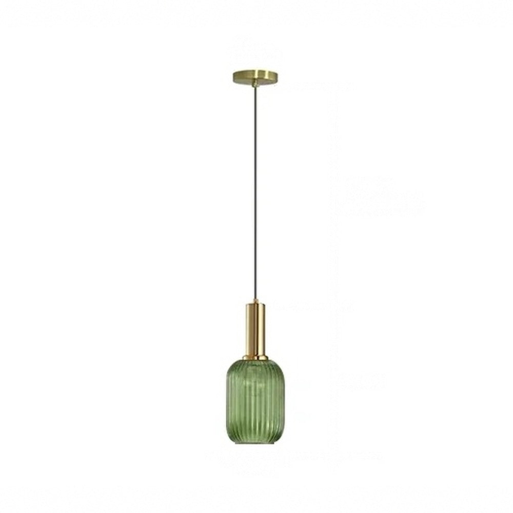 Suspension en verre strié fumé, ambré ou vert, laiton – Dozza, finition verre vert, cylindre Ø 13 cm