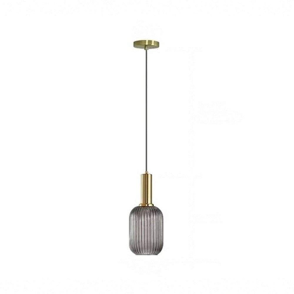 Suspension en verre strié fumé, ambré ou vert, laiton – Dozza, finition verre fumé, cylindre Ø 13 cm / Sans ampoule