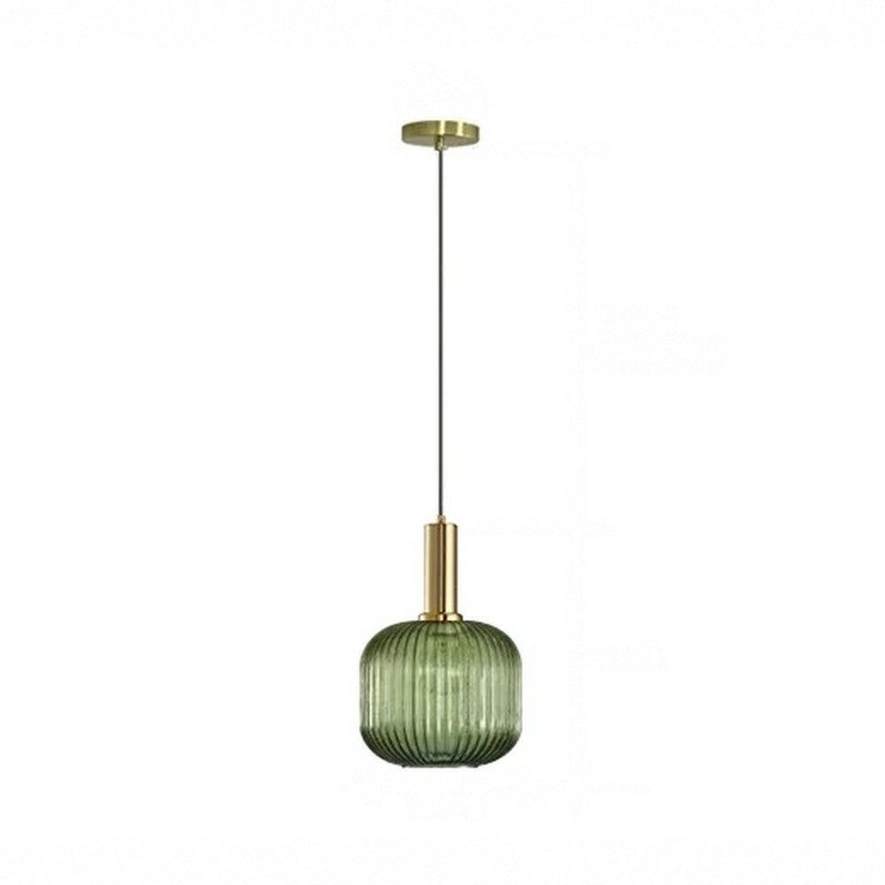 Suspension en verre strié fumé, ambré ou vert, laiton – Dozza, finition verre vert, boule Ø 20 cm / Sans ampoule