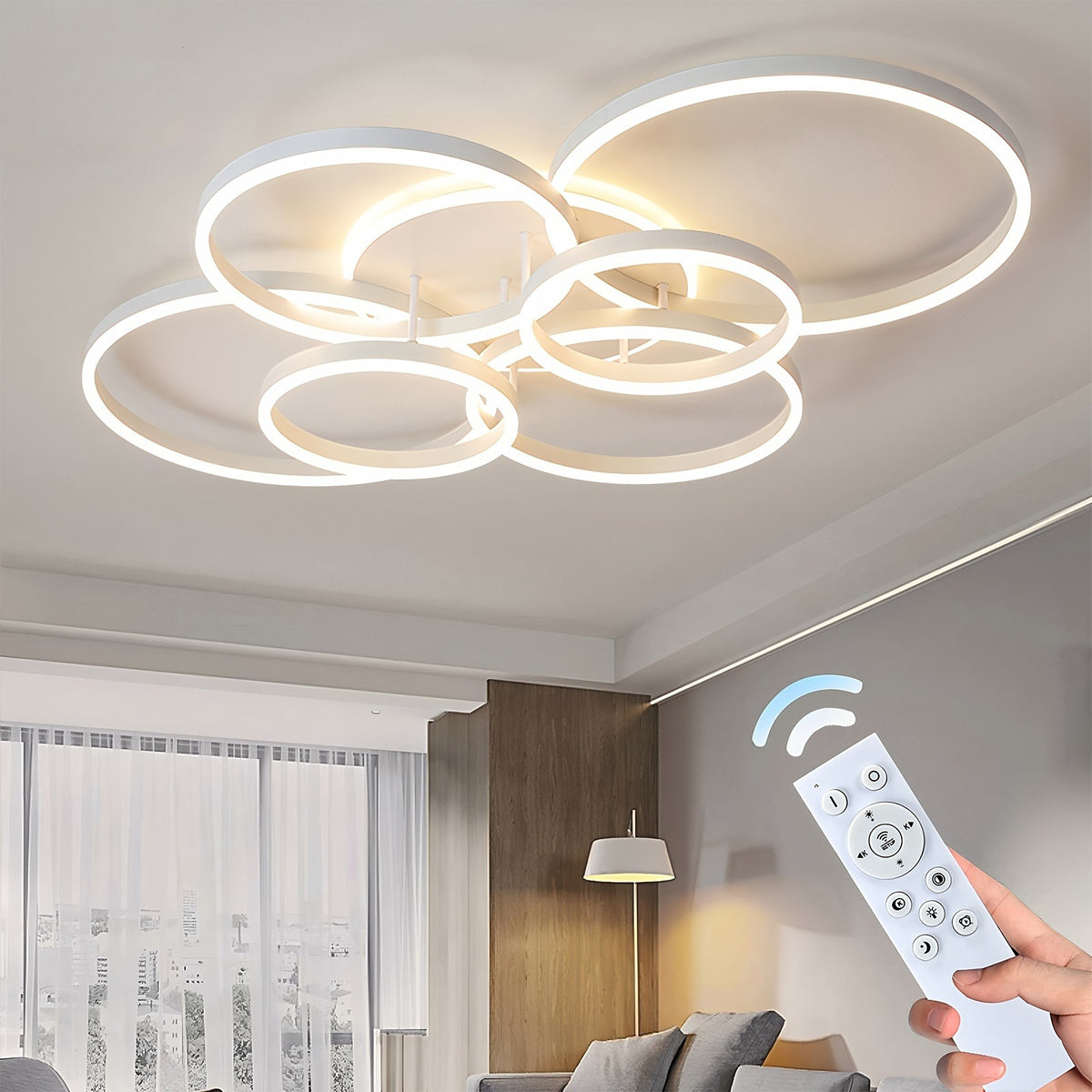 Plafonnier anneaux LED, blanc, noir ou doré – Étoile allumé