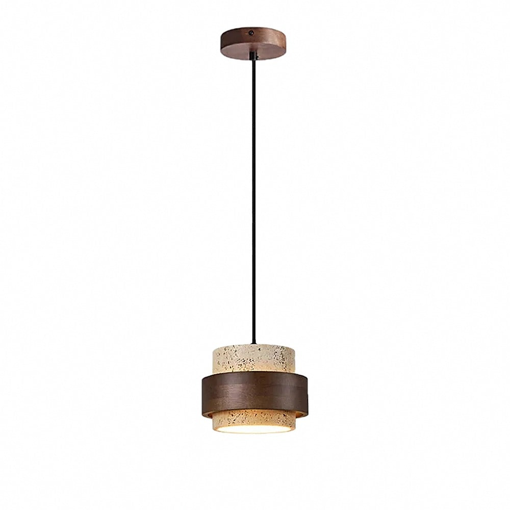 Suspension cylindre en pierre et bois, 1 à 4 lampes – Gaeta, finition 1 lampe / Blanc chaud 3000 K