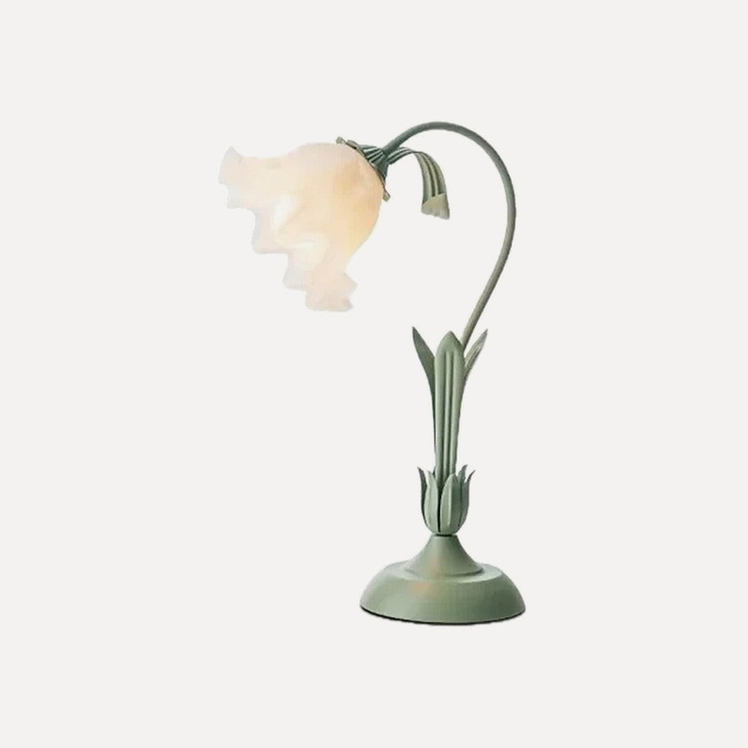 Lampe fleur, tige courbée et corolle opaline, rose ou vert – Gerberoy, finition vert sauge