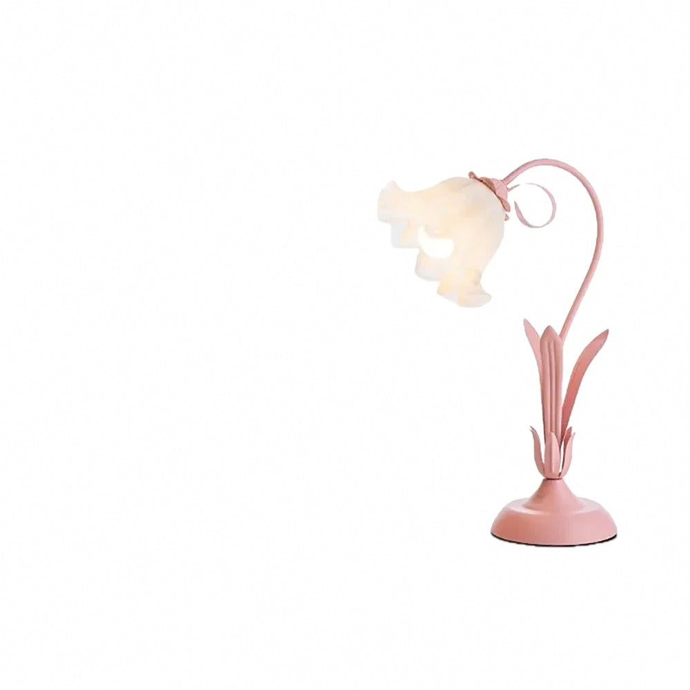 Lampe fleur, tige courbée et corolle opaline, rose ou vert – Gerberoy, finition rose