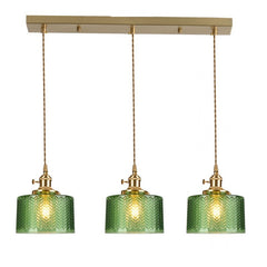 3 lumières, rampe 60 cm, verre ciselé vert