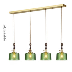 4 lumières, rampe 90 cm, verre ciselé vert