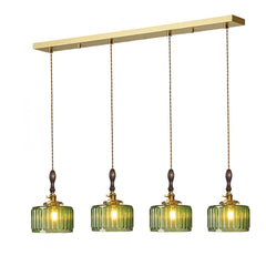 4 lumières, rampe 90 cm, verre côtelé vert