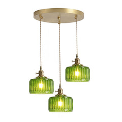 3 lumières en grappe, verre côtelé vert