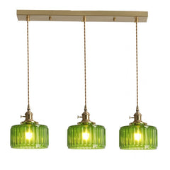 3 lumières, rampe 60 cm, verre côtelé vert