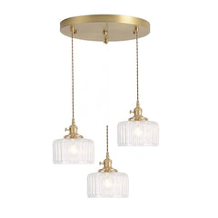 3 lumières en grappe, verre côtelé transparent
