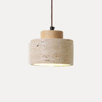 Suspension en travertin naturel et bois, wabi-sabi – Ise, finition tambour, bois clair