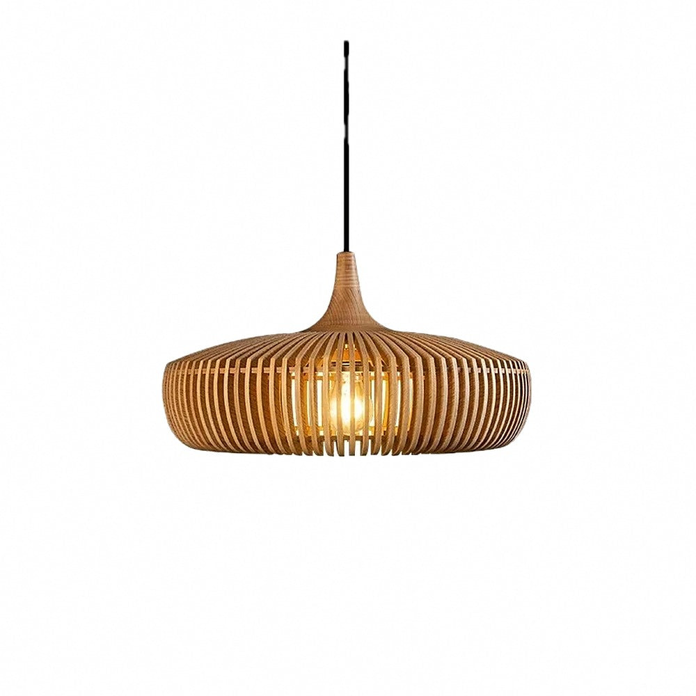 Suspension en lamelles de bois, noyer ou naturel – Kasama, finition bois naturel, Ø 55 cm / Blanc chaud