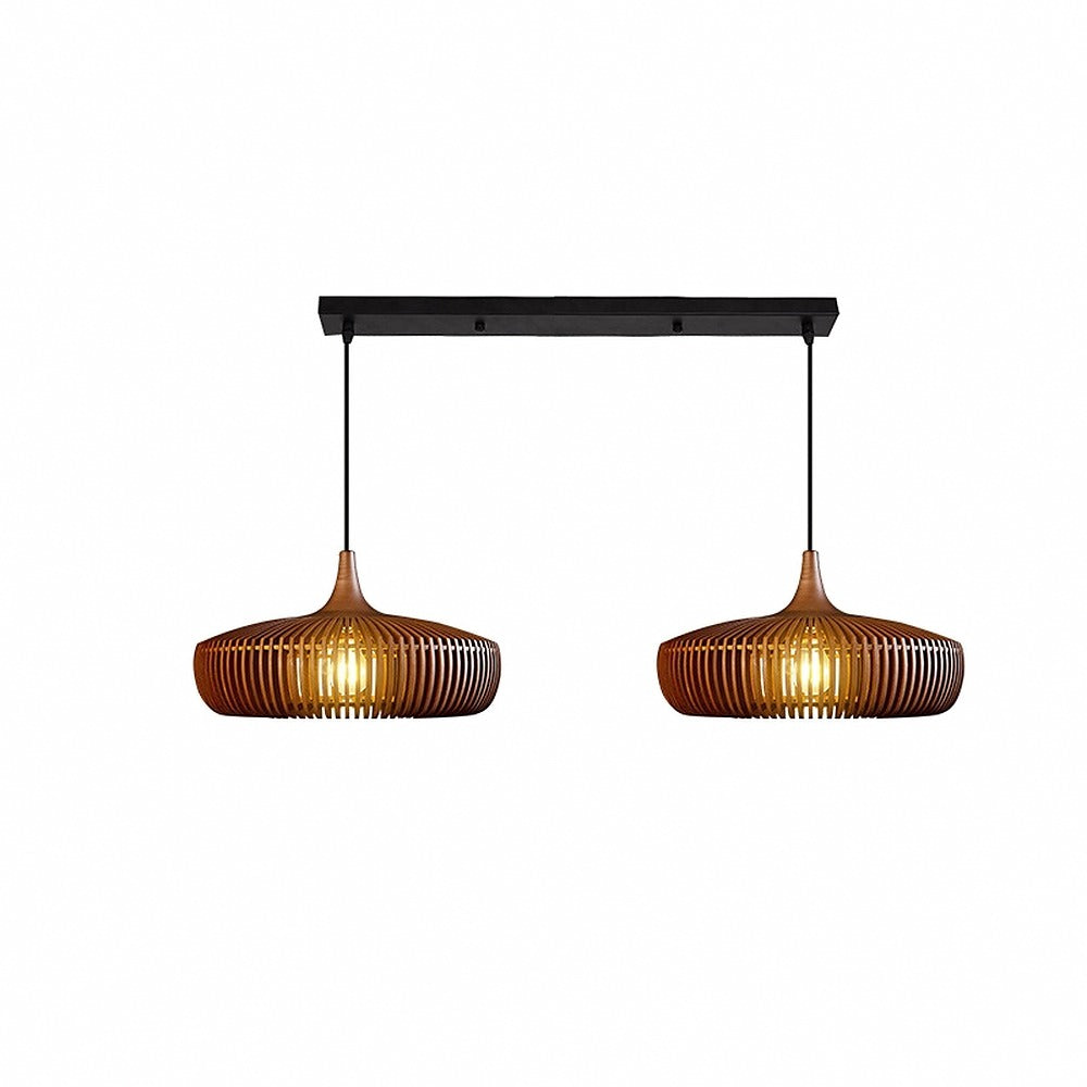 Suspension en lamelles de bois, noyer ou naturel – Kasama, finition noyer, 2 suspensions en ligne / Blanc chaud