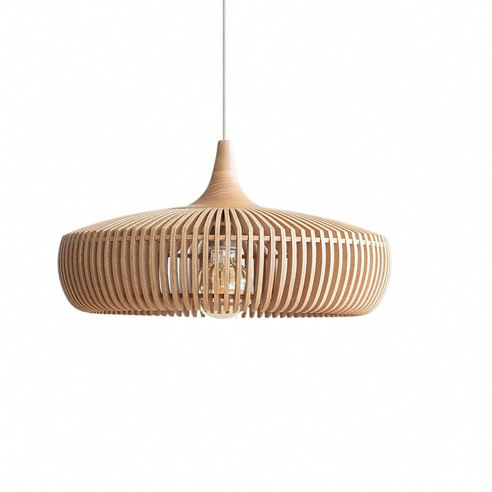 Suspension en lamelles de bois, noyer ou naturel – Kasama, finition bois naturel, Ø 43 cm / Blanc chaud
