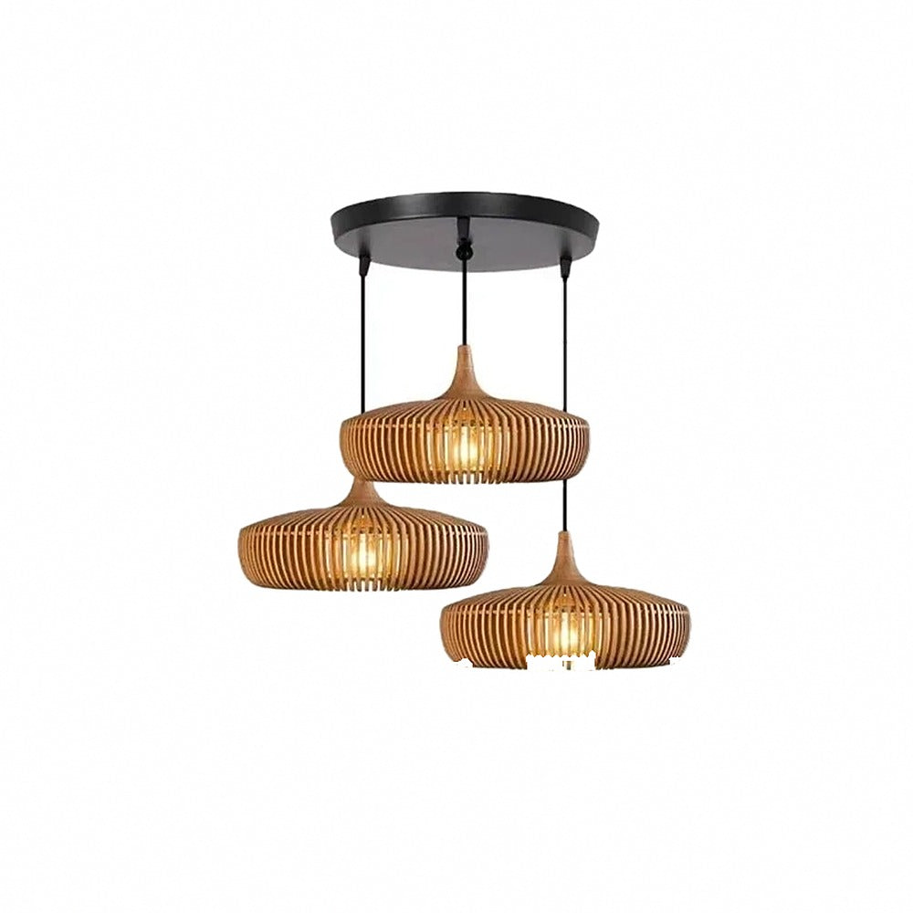 Suspension en lamelles de bois, noyer ou naturel – Kasama, finition bois naturel, 3 suspensions en grappe / Blanc chaud