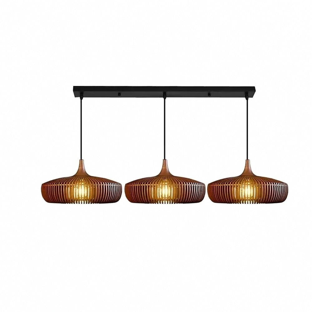 Suspension en lamelles de bois, noyer ou naturel – Kasama, finition noyer, 3 suspensions en ligne / Blanc chaud