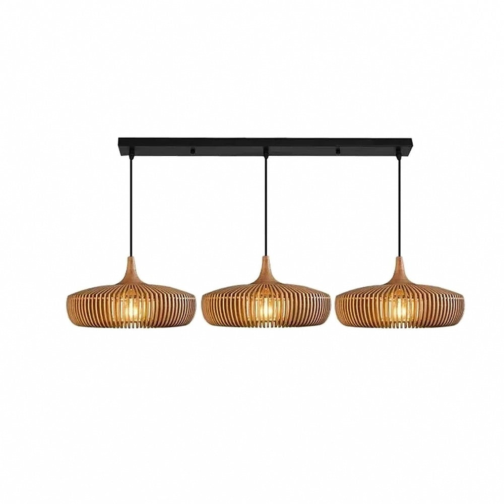 Suspension en lamelles de bois, noyer ou naturel – Kasama, finition bois naturel, 3 suspensions en ligne / Blanc chaud