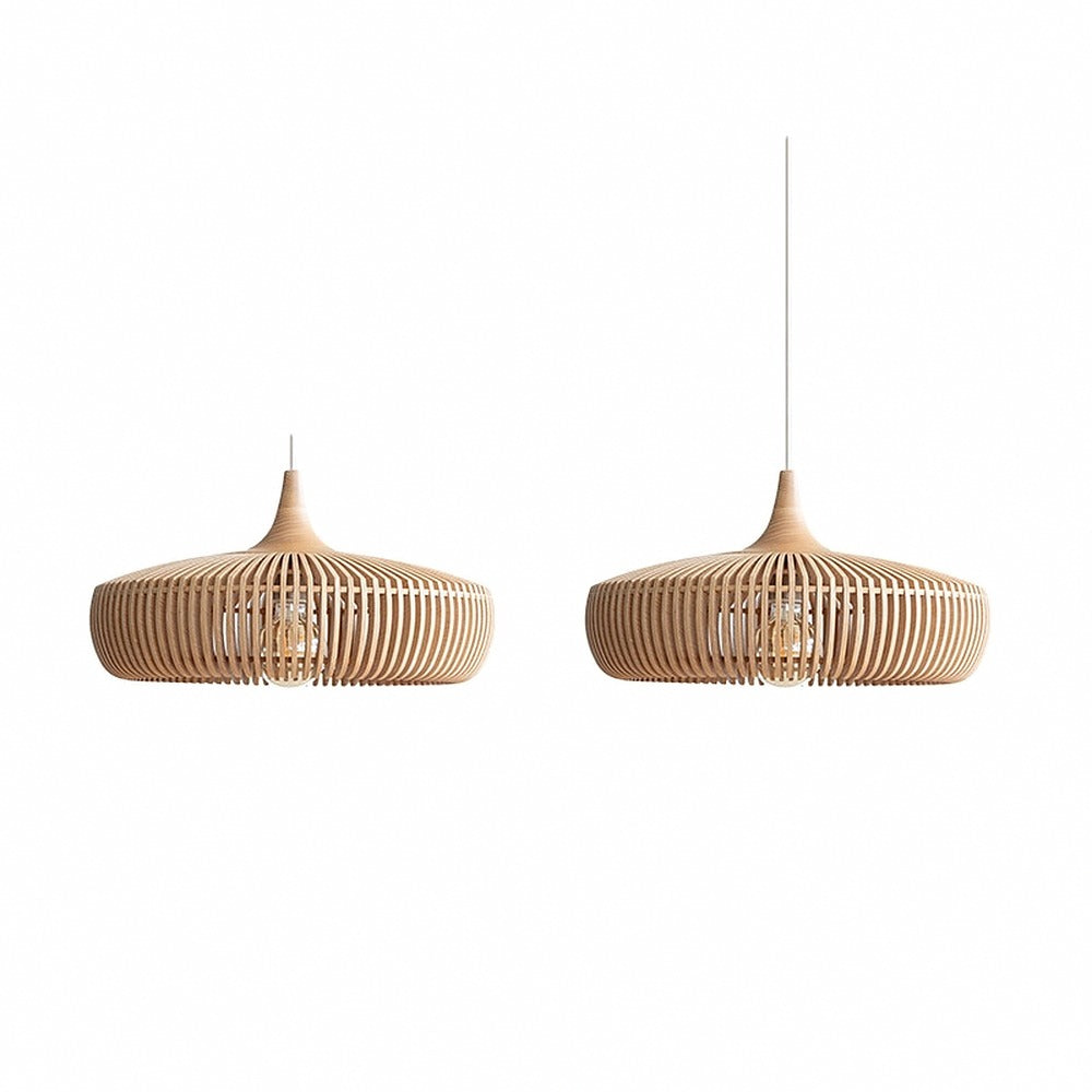 Suspension en lamelles de bois, noyer ou naturel – Kasama, finition bois naturel, 2 suspensions en ligne / Blanc chaud