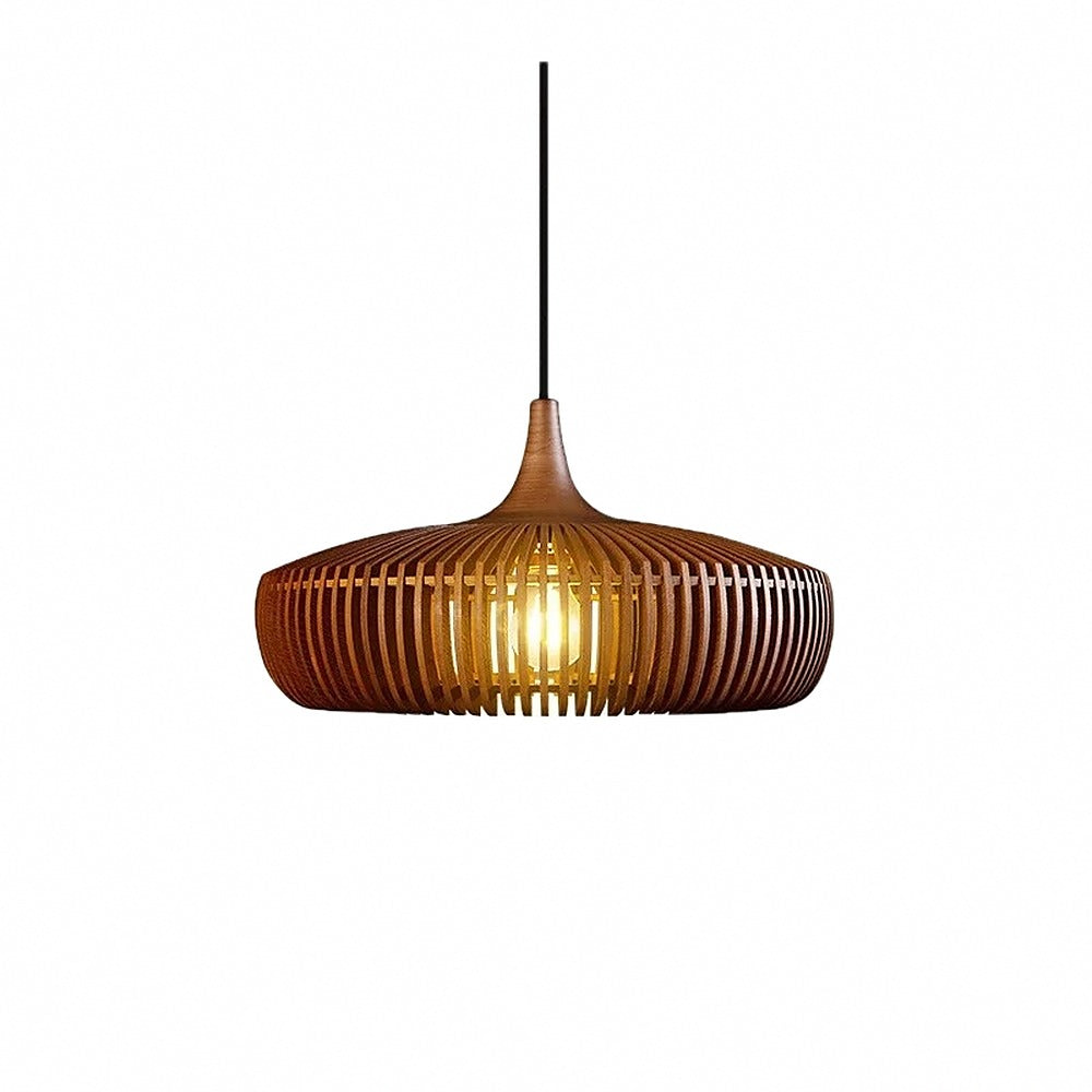 Suspension en lamelles de bois, noyer ou naturel – Kasama, finition noyer, Ø 55 cm / Blanc chaud