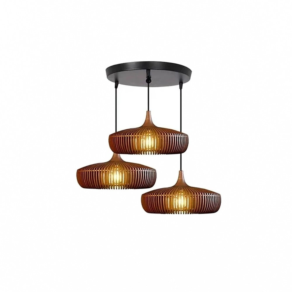 Suspension en lamelles de bois, noyer ou naturel – Kasama, finition noyer, 3 suspensions en grappe / Blanc chaud