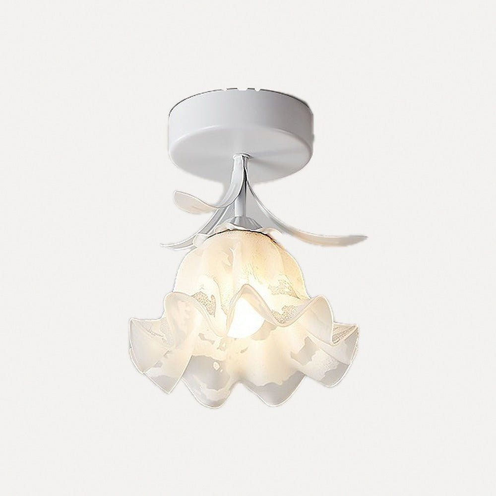 Plafonnier bouton de fleur en verre crème, vert ou blanc – Lagnes, finition monture blanche, fleur A