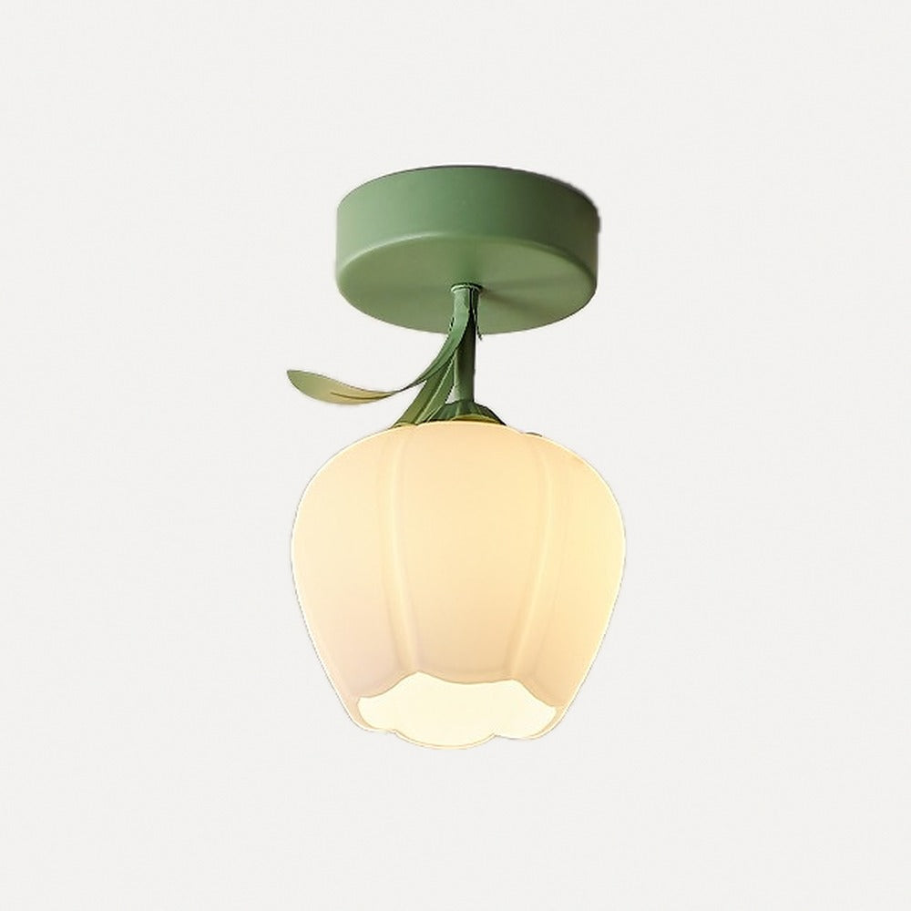Plafonnier bouton de fleur en verre crème, vert ou blanc – Lagnes, finition monture verte, fleur B