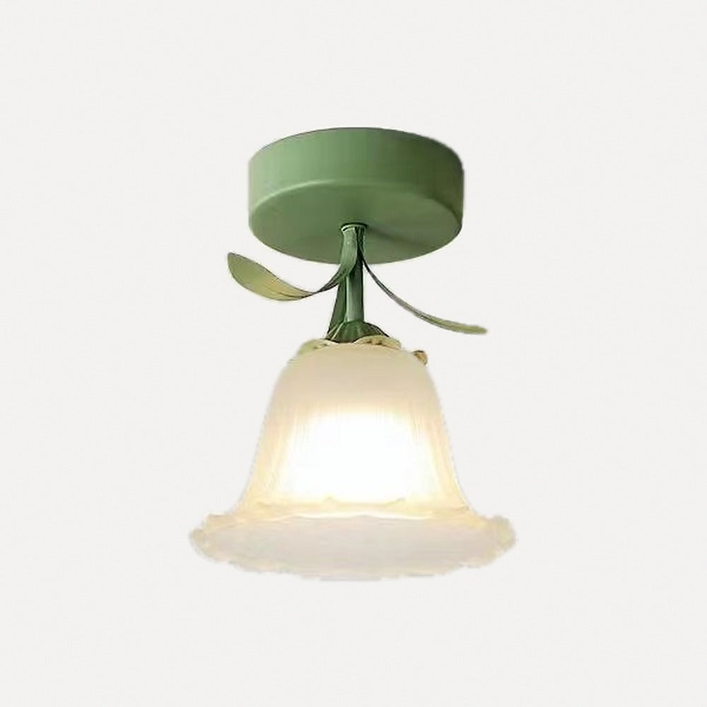 Plafonnier bouton de fleur en verre crème, vert ou blanc – Lagnes, finition monture verte, fleur C