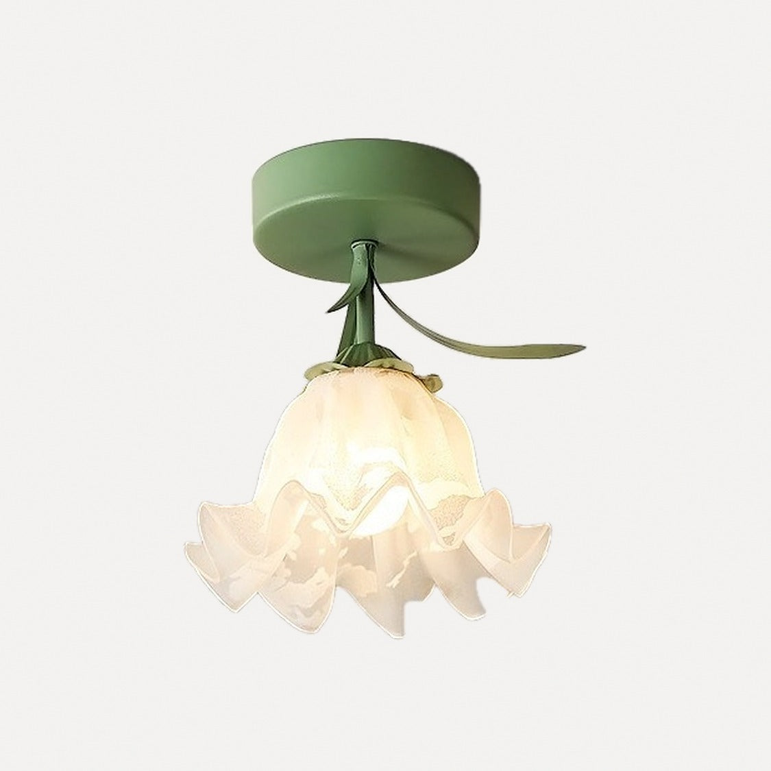 Plafonnier bouton de fleur en verre crème, vert ou blanc – Lagnes, finition monture verte, fleur A
