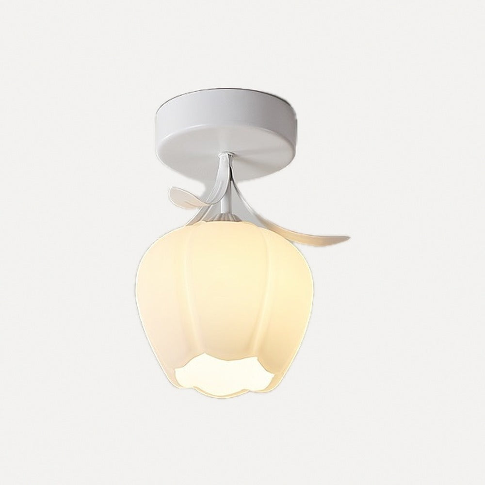 Plafonnier bouton de fleur en verre crème, vert ou blanc – Lagnes, finition monture blanche, fleur B