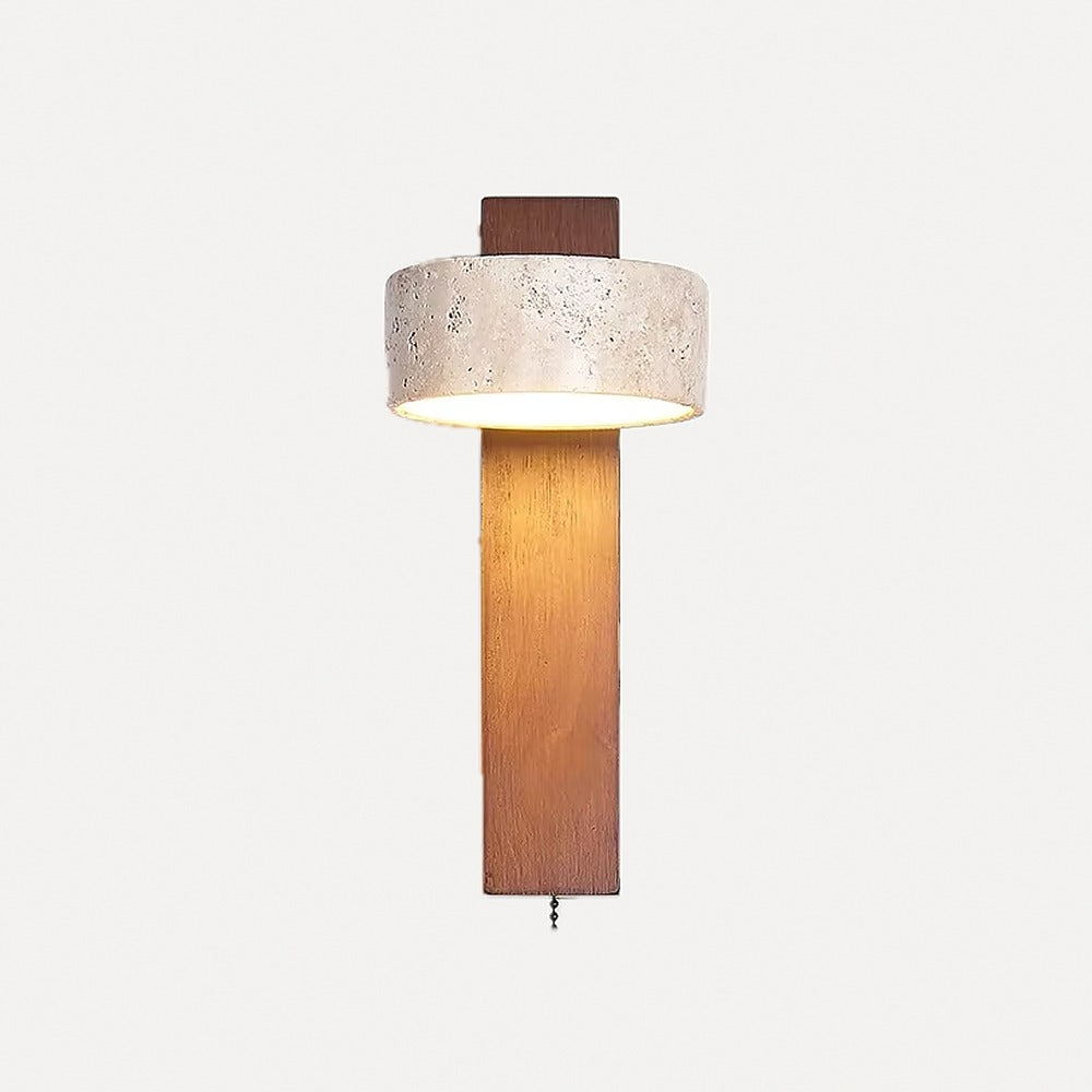 Applique liseuse en travertin orientable sur planche en bois – Lauris, finition noyer, avec tirette