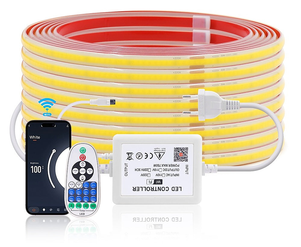Ruban LED COB blanc chaud 230 V pilotable, 5 à 30 m – Luzech, version Wi-Fi + télécommande