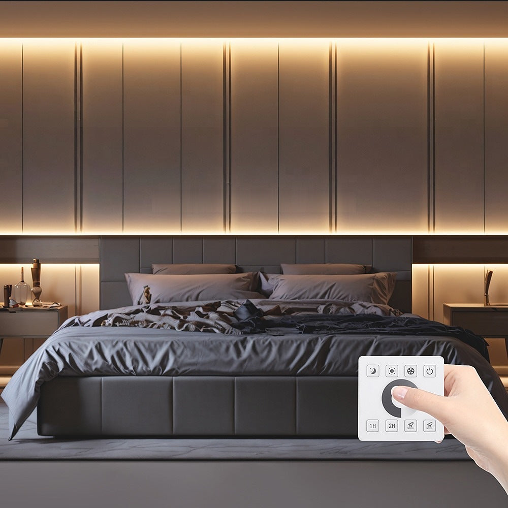Ruban LED COB blanc chaud 230 V pilotable, 5 à 30 m – Luzech derrière une tête de lit