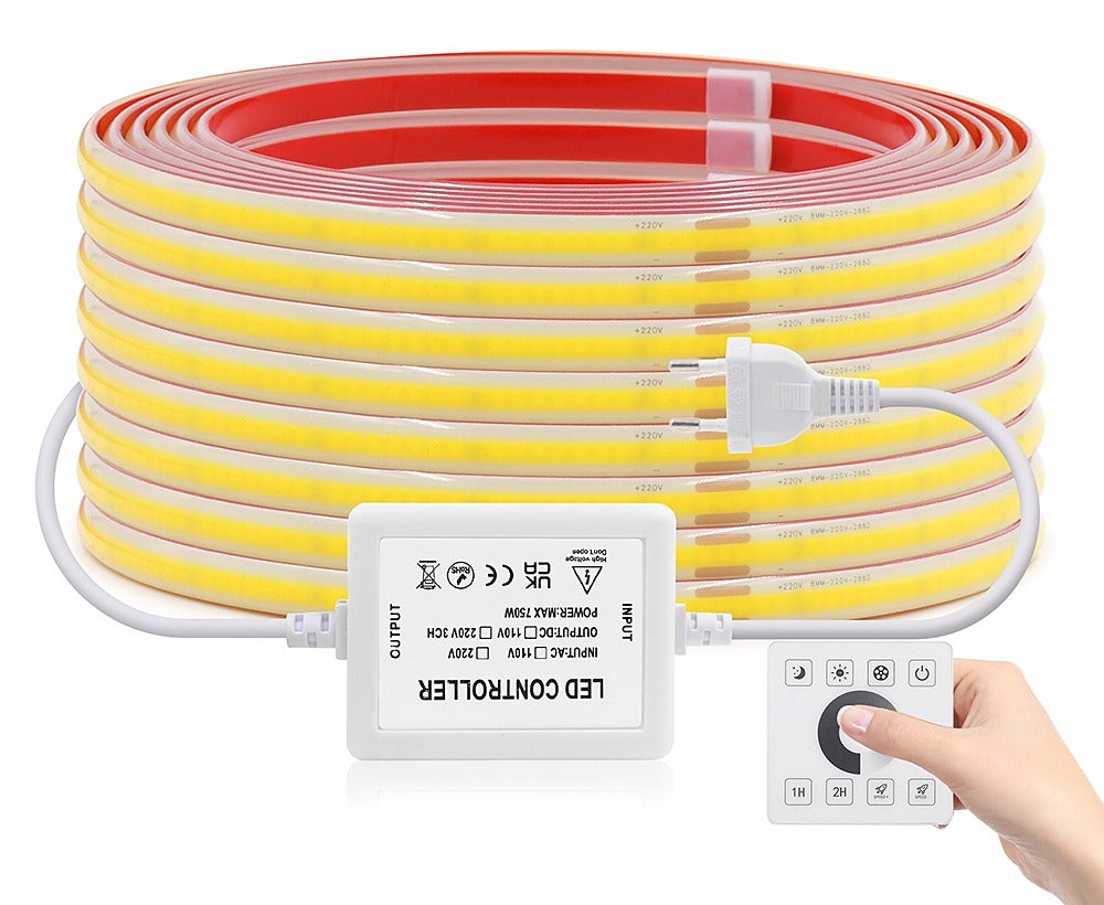 Ruban LED COB blanc chaud 230 V pilotable, 5 à 30 m – Luzech, version interrupteur mural tactile