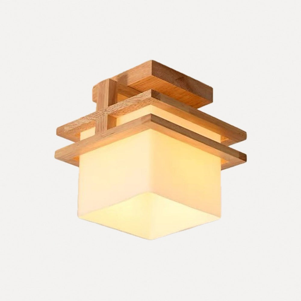 Plafonnier lanterne en bois massif, style japonais – Magome, sur fond blanc