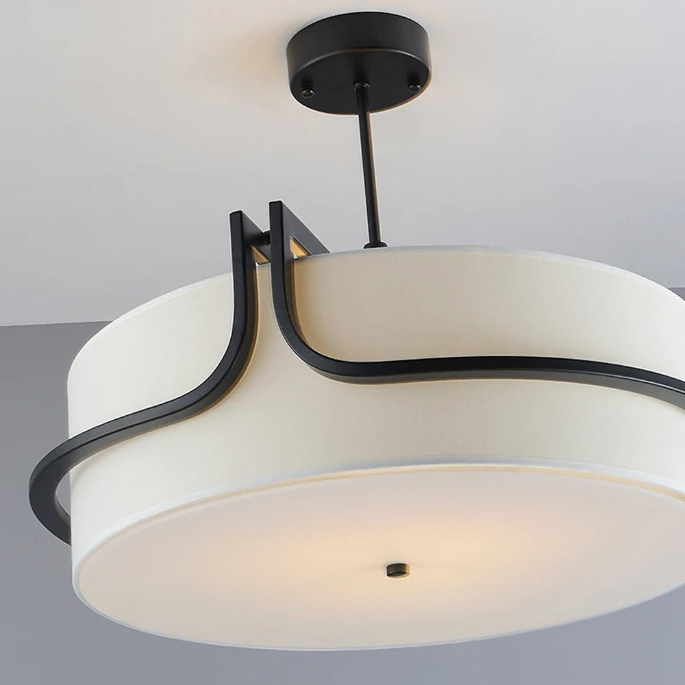 Suspension tambour en tissu et métal noir – Malmaison allumée