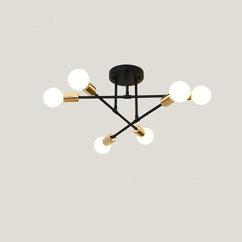 Plafonnier à bras et globes, style années 50 – Marceau, finition noir et doré, 6 bras