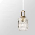 Suspension lanterne en verre strié, anse dorée – Matera, finition cylindre Ø 14 cm / Ampoule blanc chaud