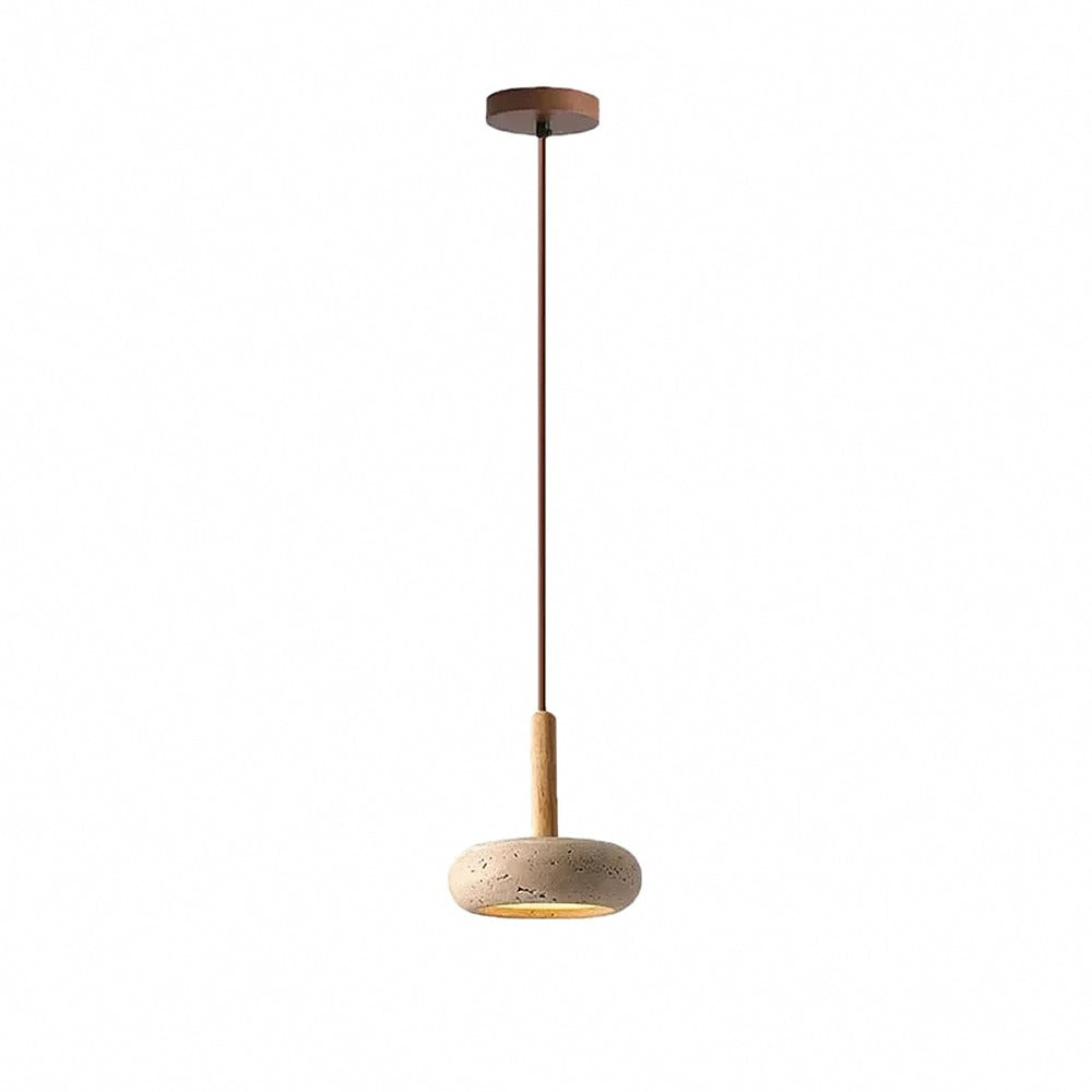 Suspension disque en pierre et bois, wabi-sabi – Matsue, finition pierre sable / Ø 15 × 5,5 cm / Blanc chaud 3000 K