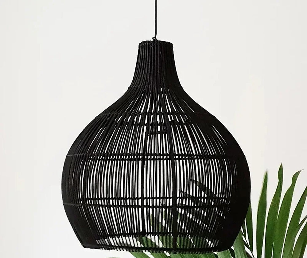 Suspension gourde en rotin tressé, bohème – Mazan, finition noir / Ø 50 cm / Noir