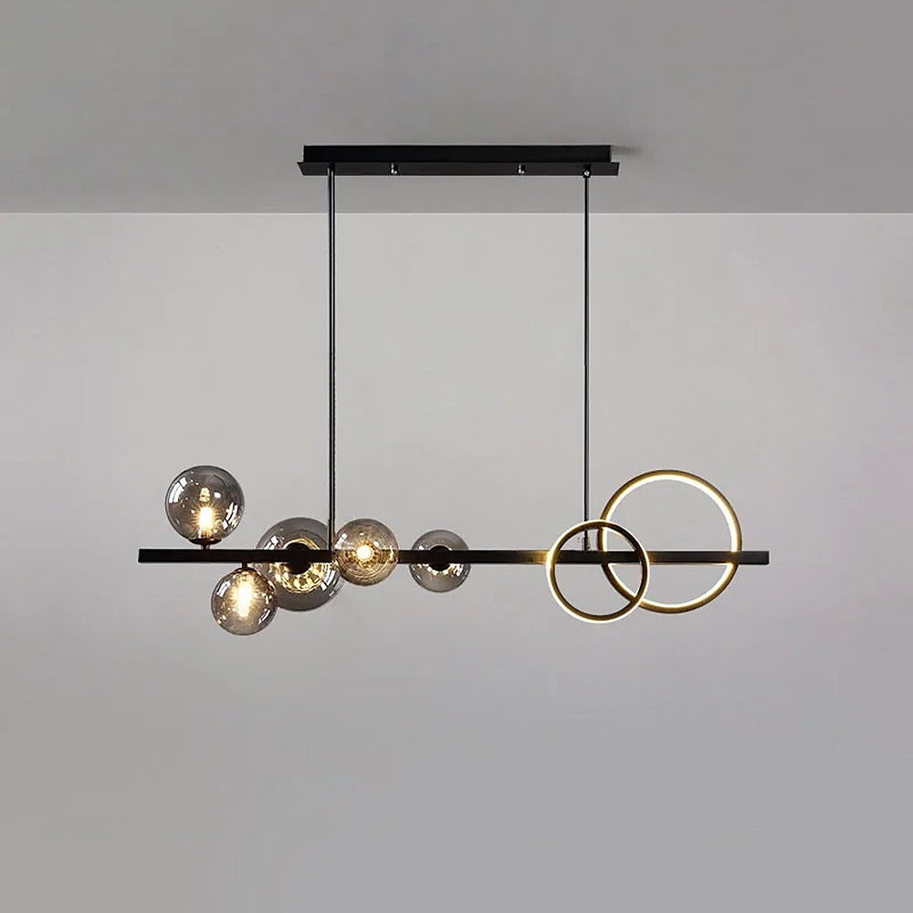 Suspension linéaire globes de verre et anneaux LED – Menthon, finition noir, verre fumé