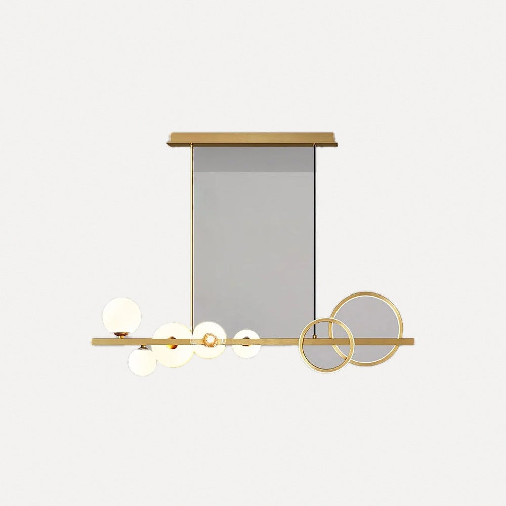 Suspension linéaire globes de verre et anneaux LED – Menthon, sur fond blanc