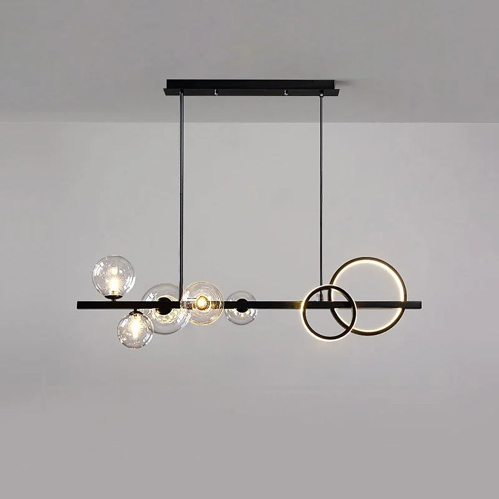 Suspension linéaire globes de verre et anneaux LED – Menthon, finition noir, verre transparent