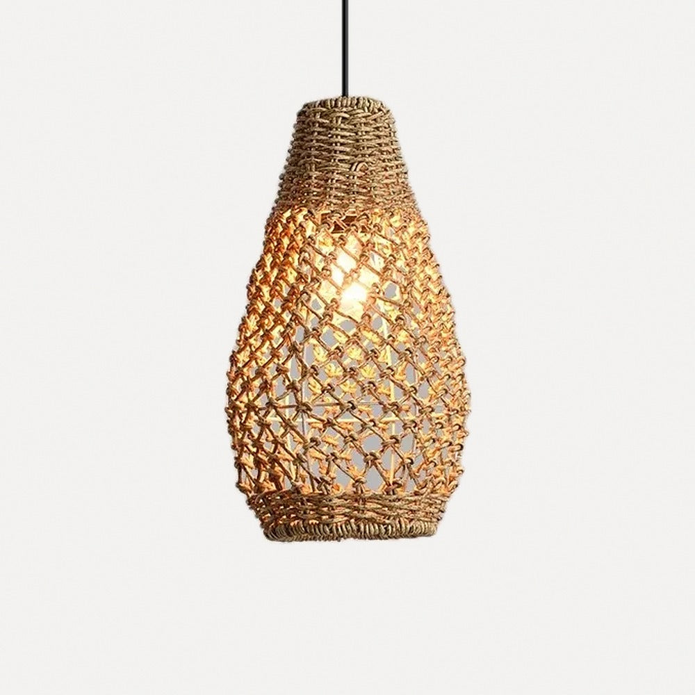 Suspension lanterne en rotin tressé, esprit bohème – Mojácar, finition vase 15 × 35 cm / Blanc chaud / Blanc