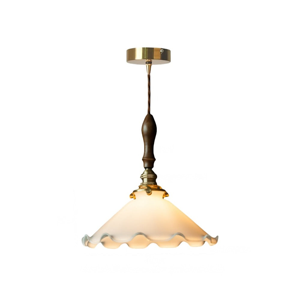 Suspension école en verre opalin rétro – Monceau, finition corolle blanche et bois Ø 25 cm / Ampoule LED 4 W fournie