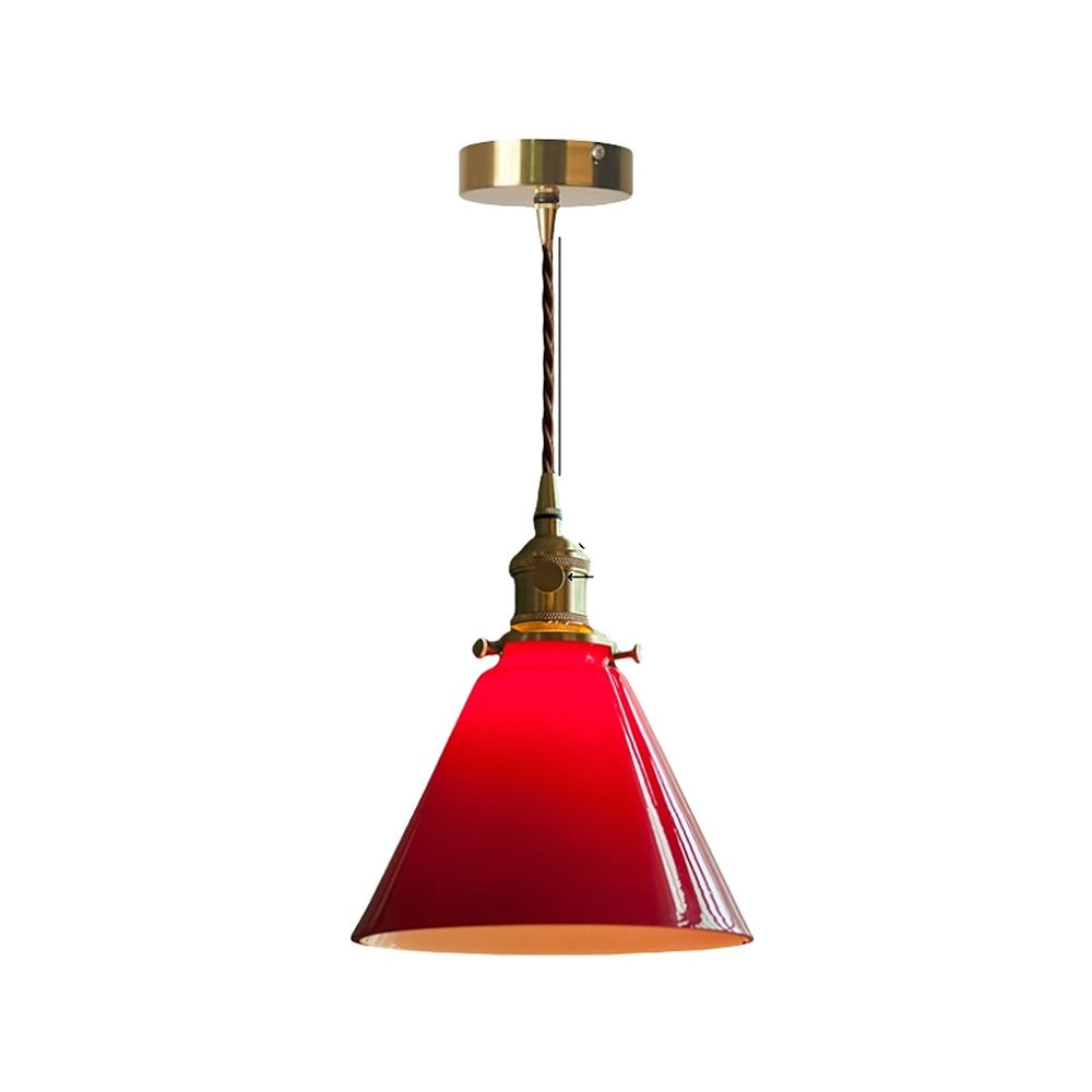 Suspension école en verre opalin rétro – Monceau, finition cône rouge Ø 18,5 cm / Ampoule LED 4 W fournie
