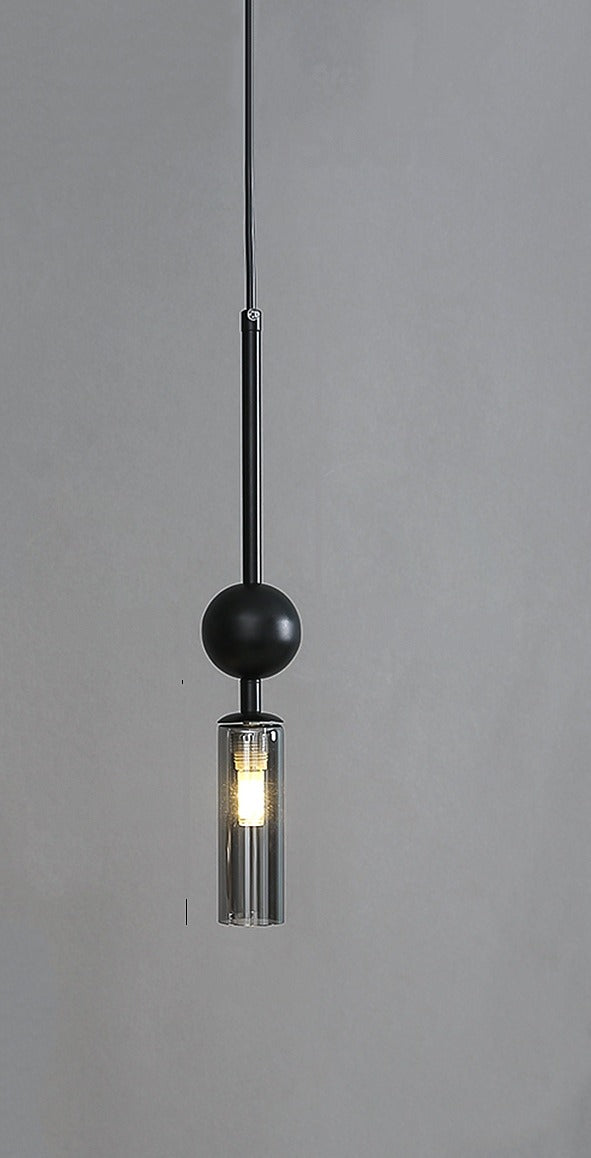 Suspension tube de verre et sphère, dorée ou noire – Montaigne, finition noir, verre gris fumé
