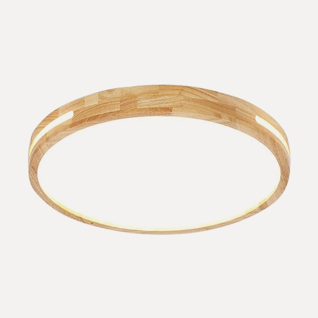 Plafonnier rond en bois massif, noyer ou naturel – Morzine, finition bois naturel, halo latéral / Ø 50 cm