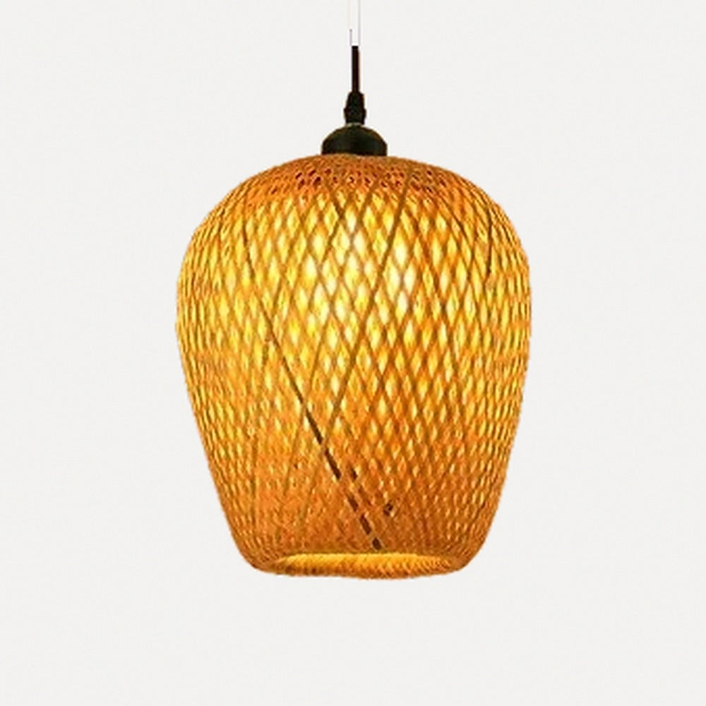 Suspension lanterne en bambou tressé bohème – Nerja, finition tonneau Ø 19 cm, câble noir / Sans ampoule