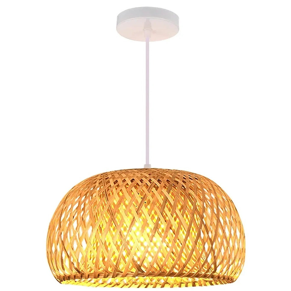 Suspension lanterne en bambou tressé bohème – Nerja, finition dôme Ø 30 cm, câble blanc / Sans ampoule