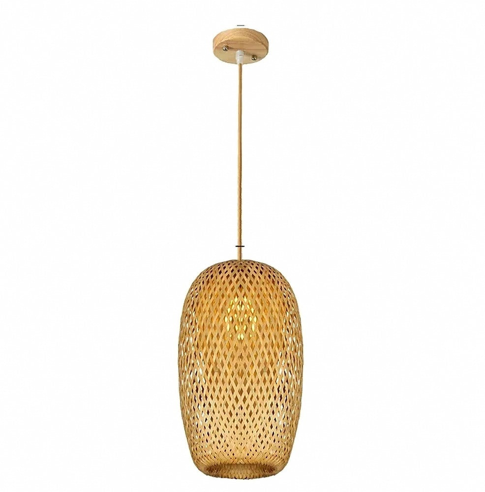Suspension lanterne en bambou tressé bohème – Nerja, finition ovale Ø 18 cm, câble naturel / Sans ampoule